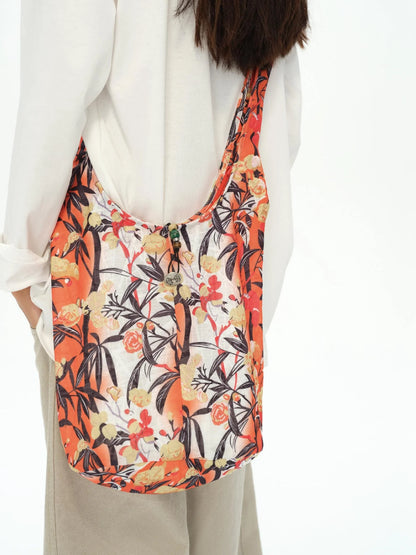 Tropical Floral Print Canvas Crossbody Bag