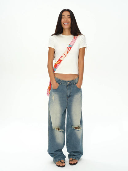 Tropical Floral Print Canvas Crossbody Bag