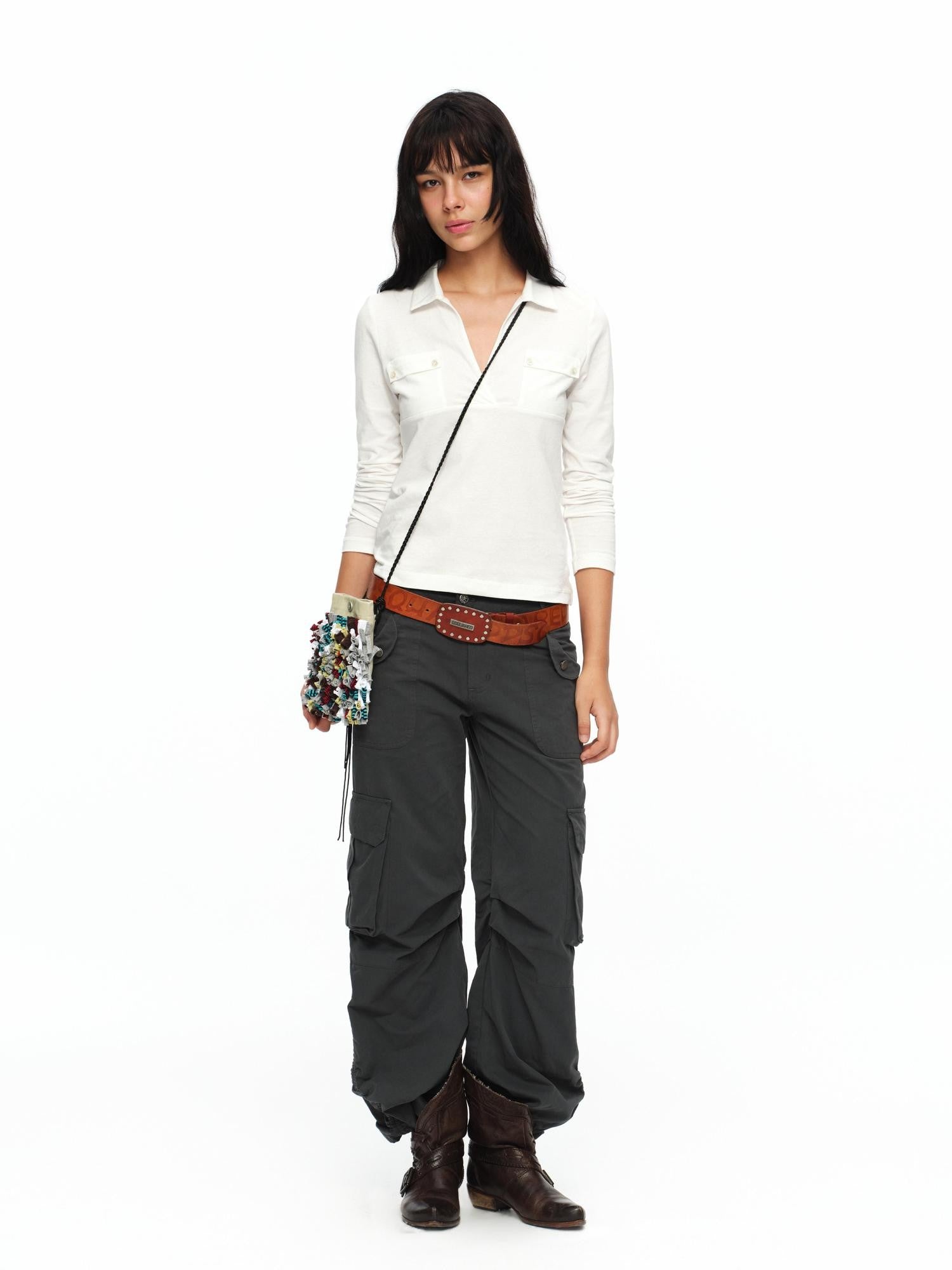 oinimi Turn Down Collar Double Pocket Utility Women&