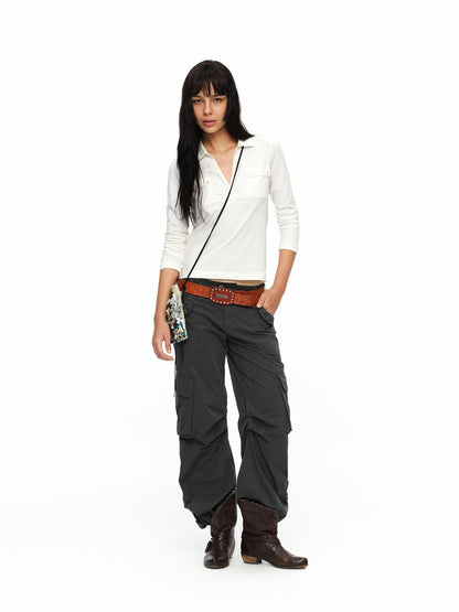 oinimi Turn Down Collar Double Pocket Utility Women&