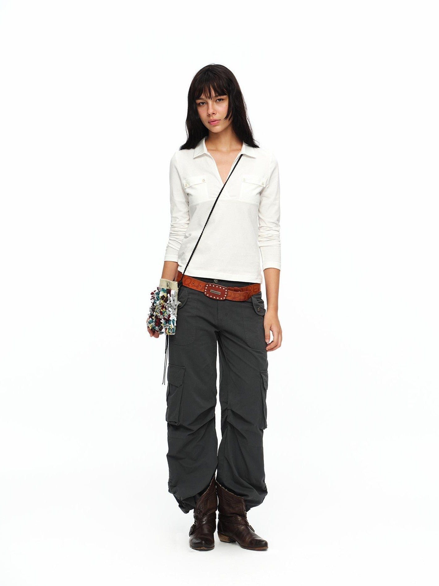 oinimi Turn Down Collar Double Pocket Utility Women&