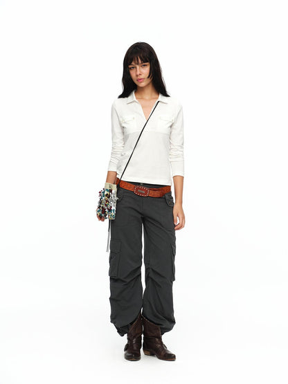 oinimi Turn Down Collar Double Pocket Utility Women&