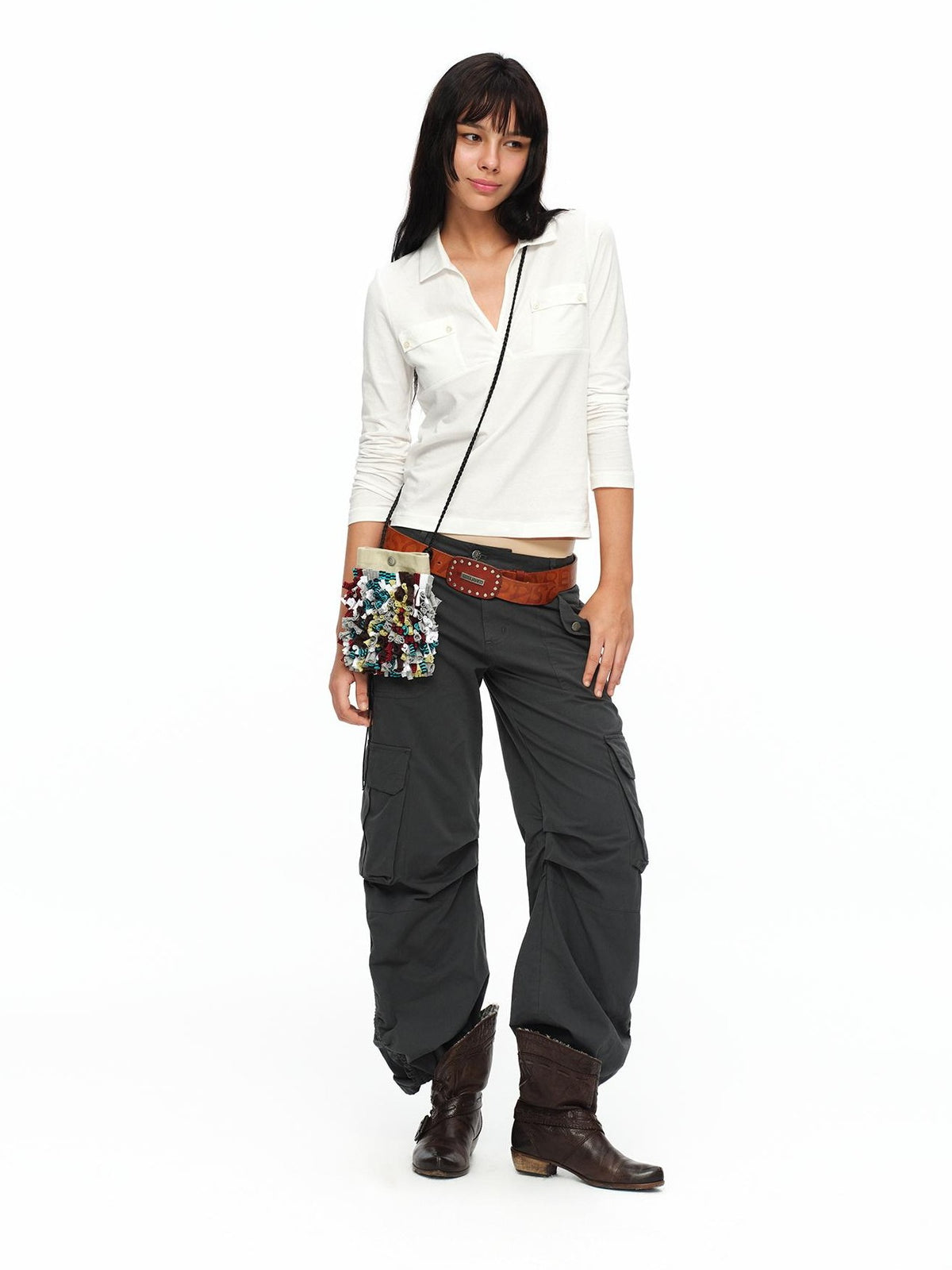 oinimi Turn Down Collar Double Pocket Utility Women&