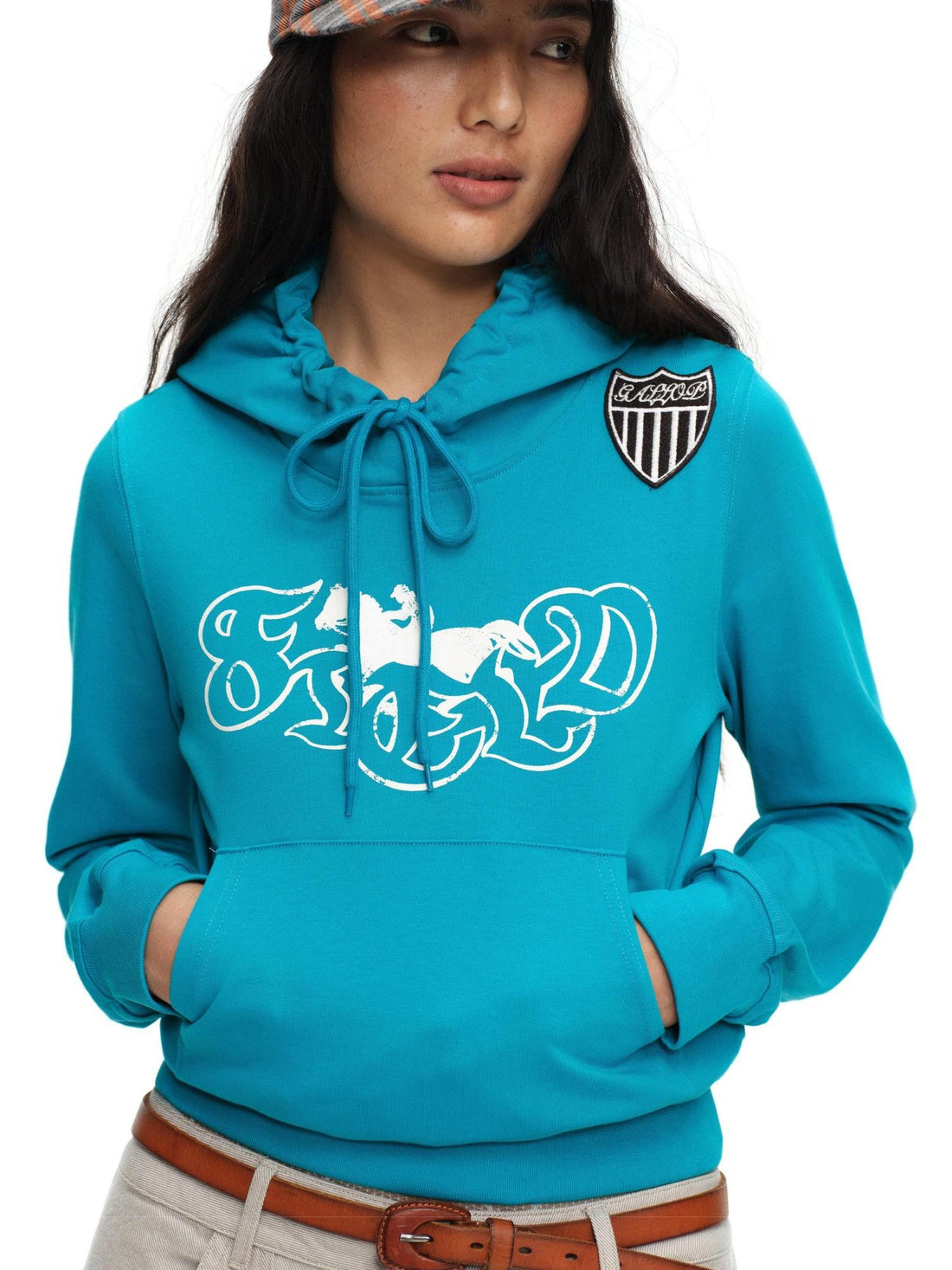 oinimi Turquoise Knight Embroidered Print Shoulder Epaulet Women&