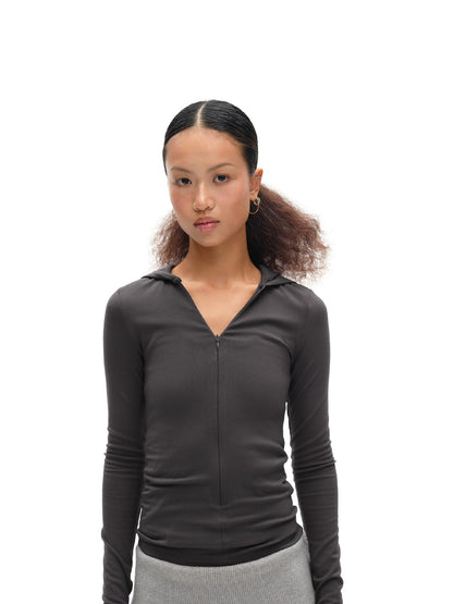 oinimi V-Neck Hooded Adjustable Fleece-Lined Slim Fit Top