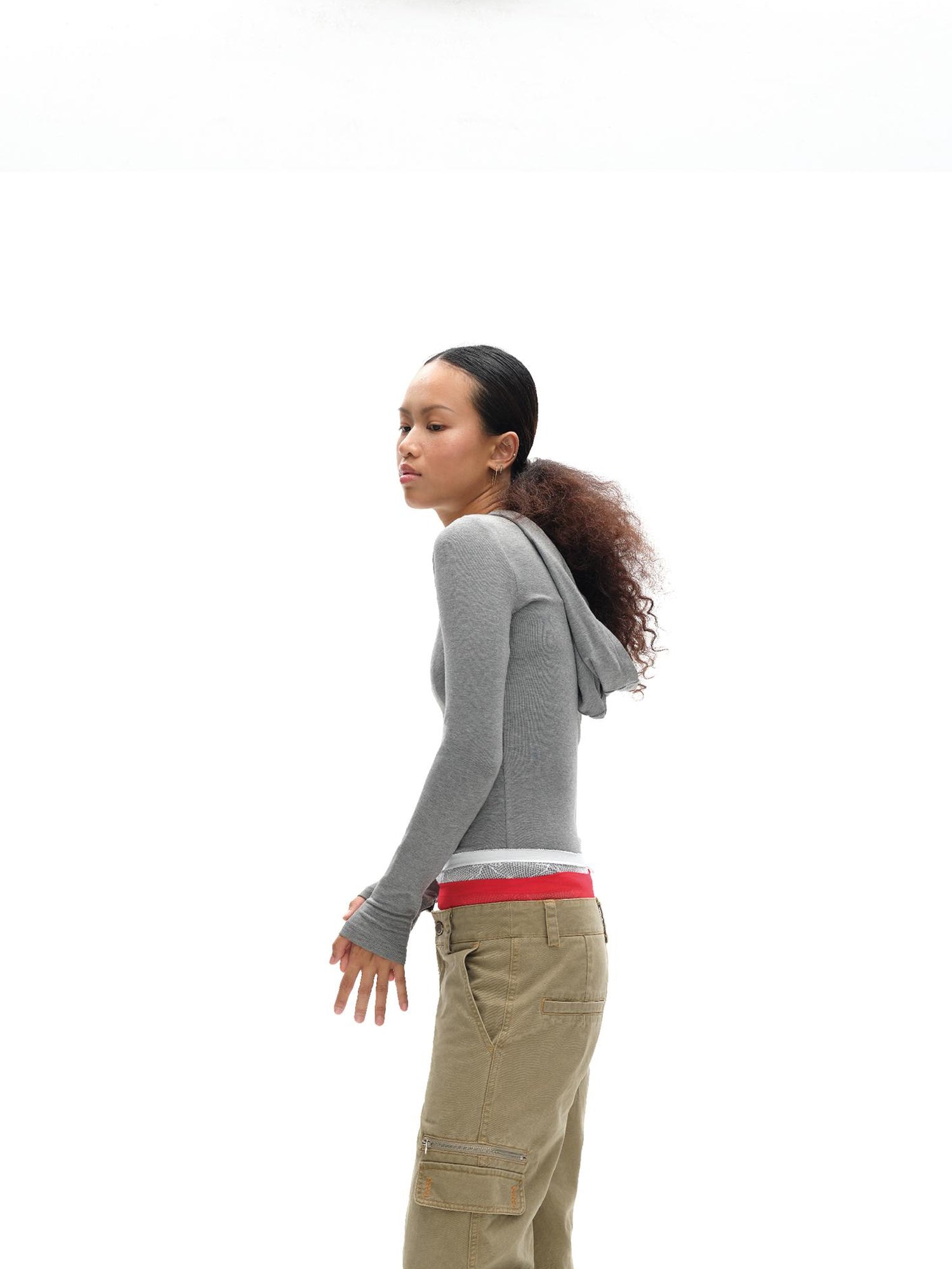 oinimi V-Neck Hooded Adjustable Fleece-Lined Slim Fit Top