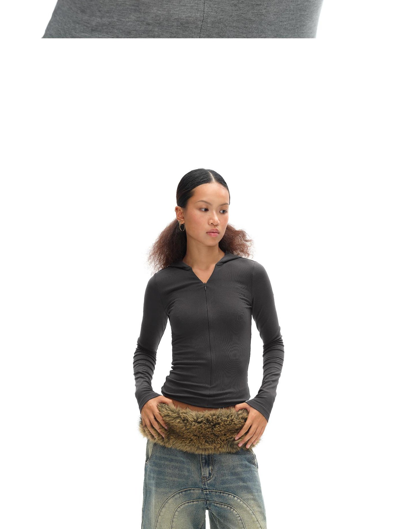 oinimi V-Neck Hooded Adjustable Fleece-Lined Slim Fit Top