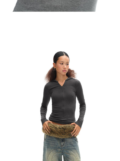 oinimi V-Neck Hooded Adjustable Fleece-Lined Slim Fit Top