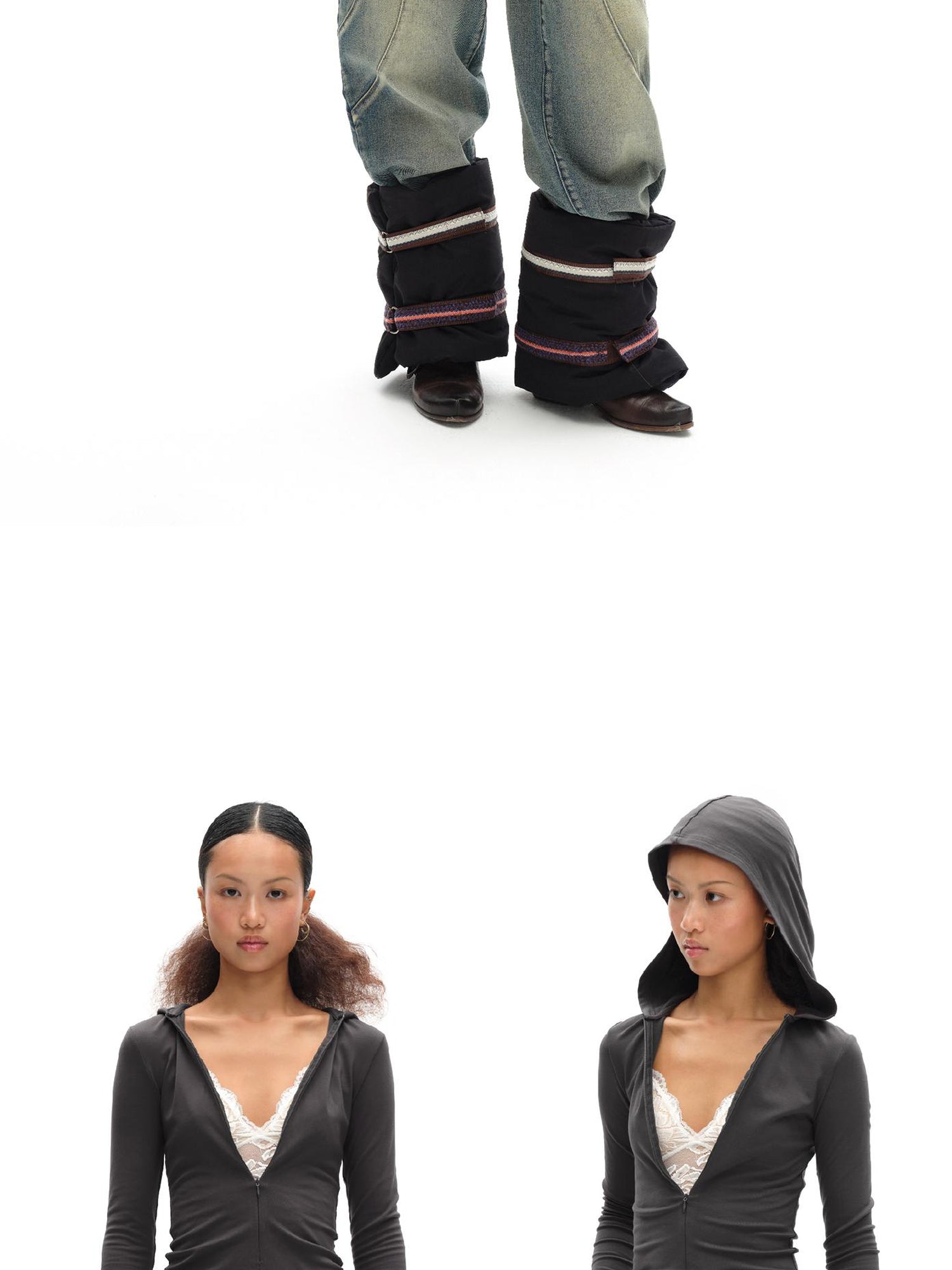 oinimi V-Neck Hooded Adjustable Fleece-Lined Slim Fit Top