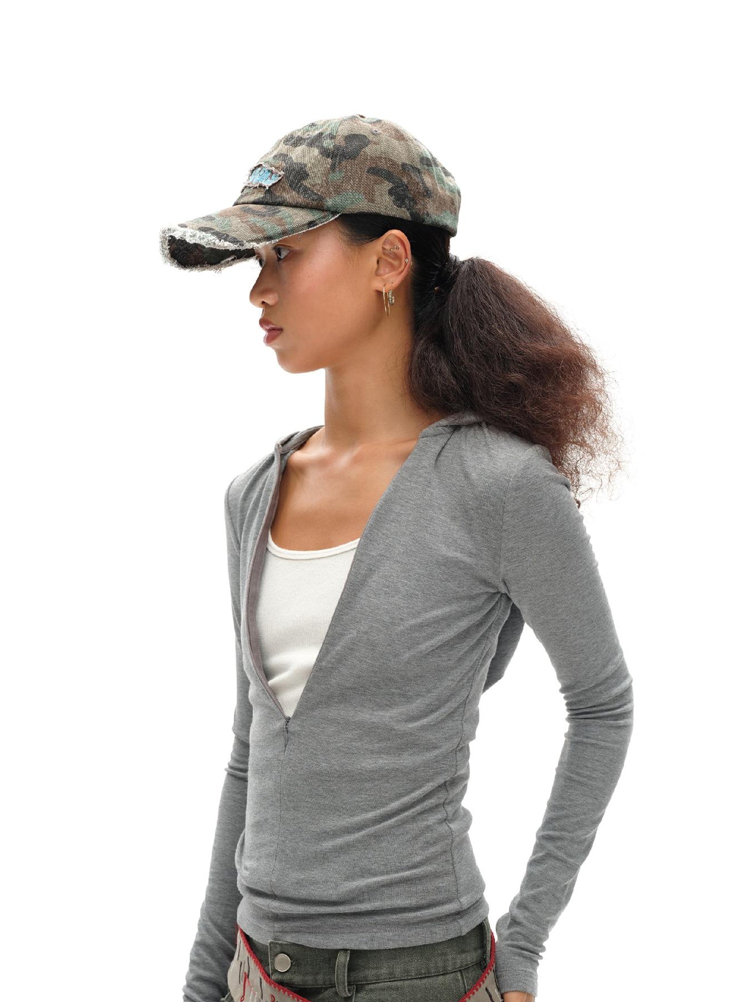 oinimi V-Neck Hooded Adjustable Fleece-Lined Slim Fit Top