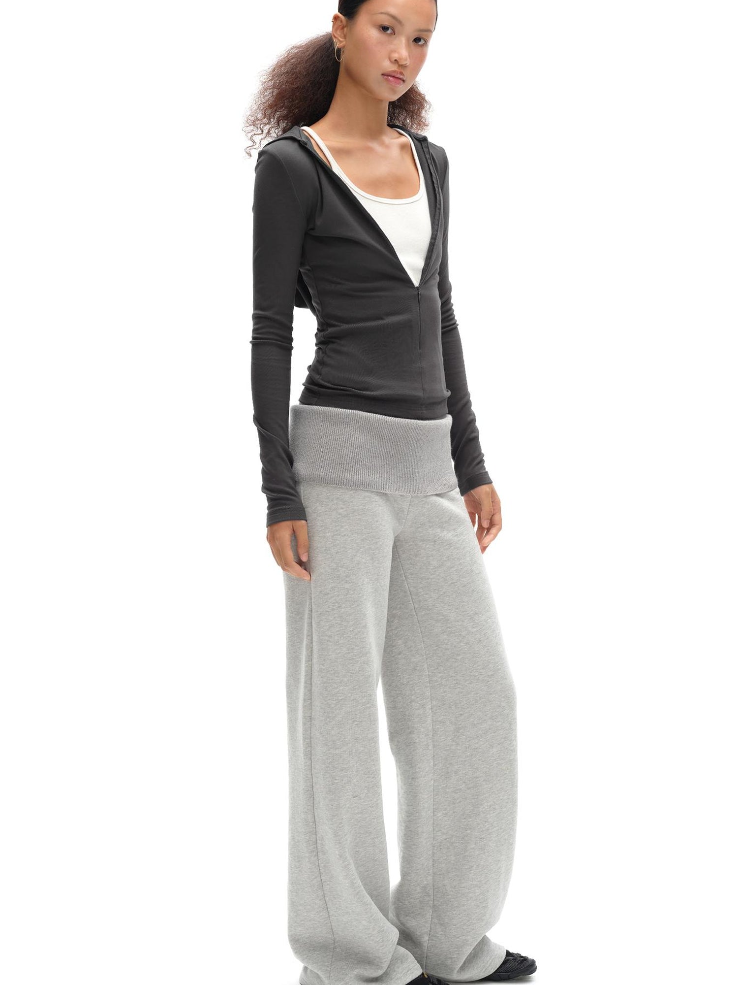 oinimi V-Neck Hooded Adjustable Fleece-Lined Slim Fit Top