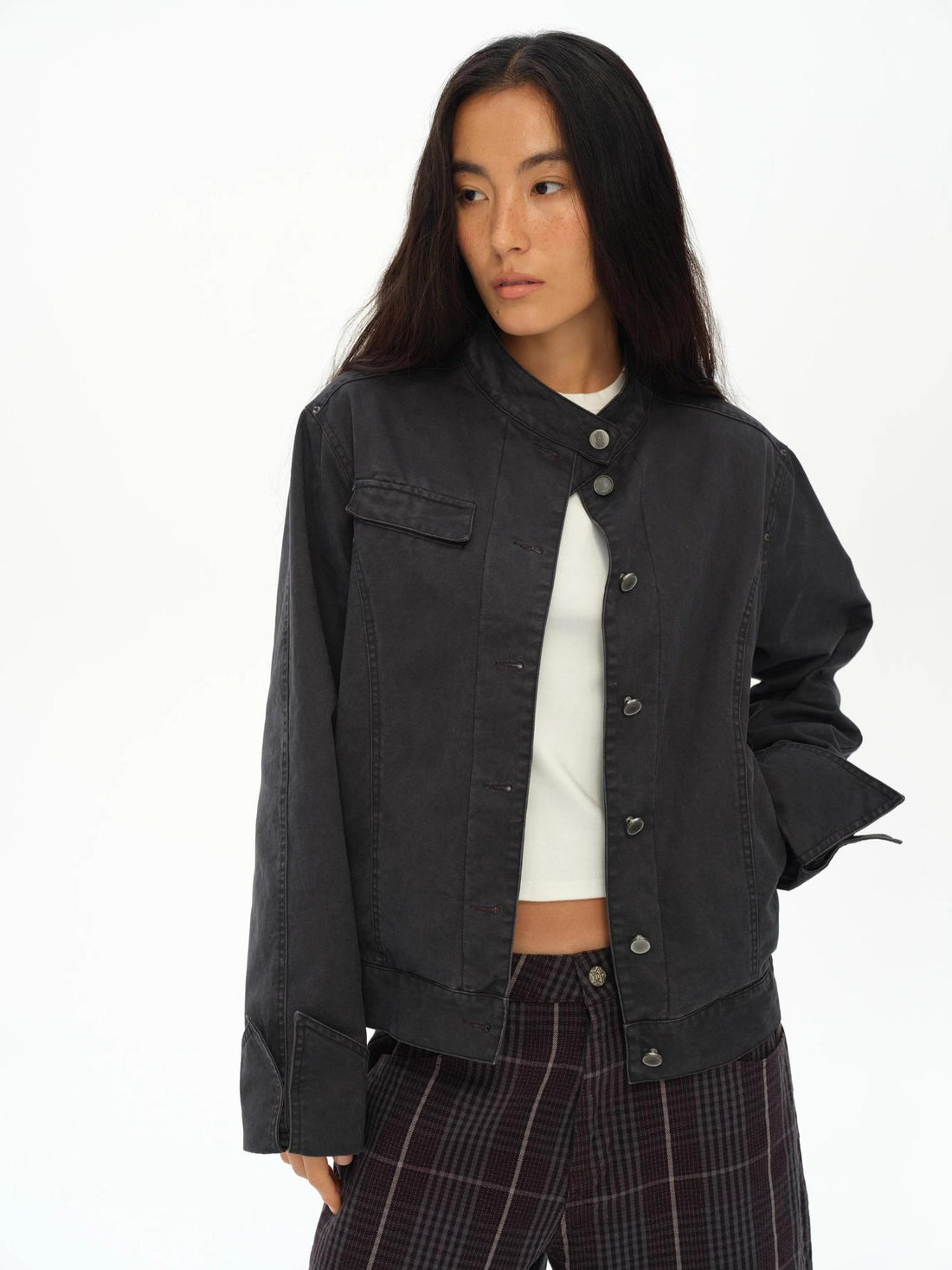 oinimi Vintage Grey Distressed Nail Stud Biker Jacket