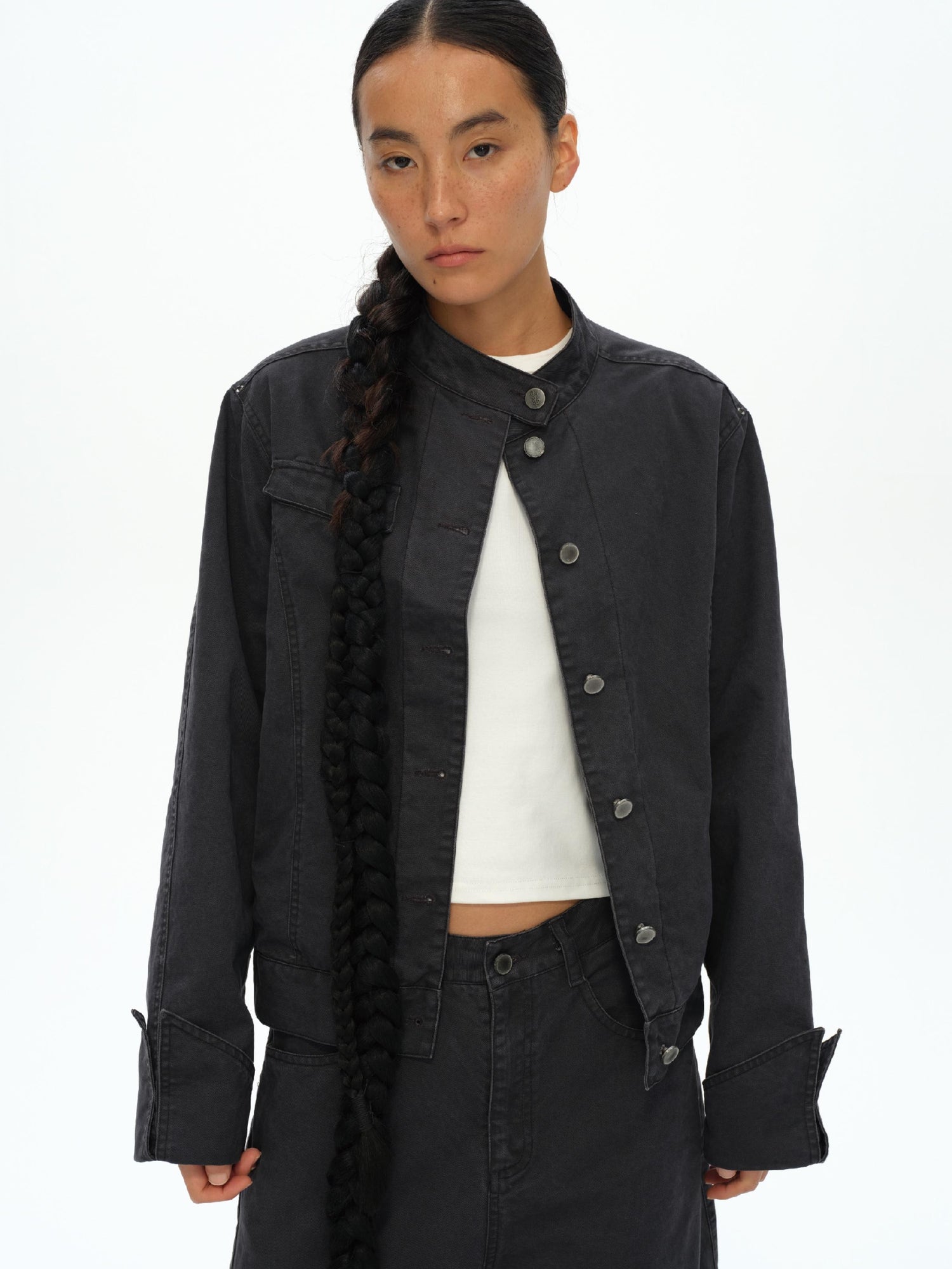 oinimi Vintage Grey Distressed Nail Stud Biker Jacket