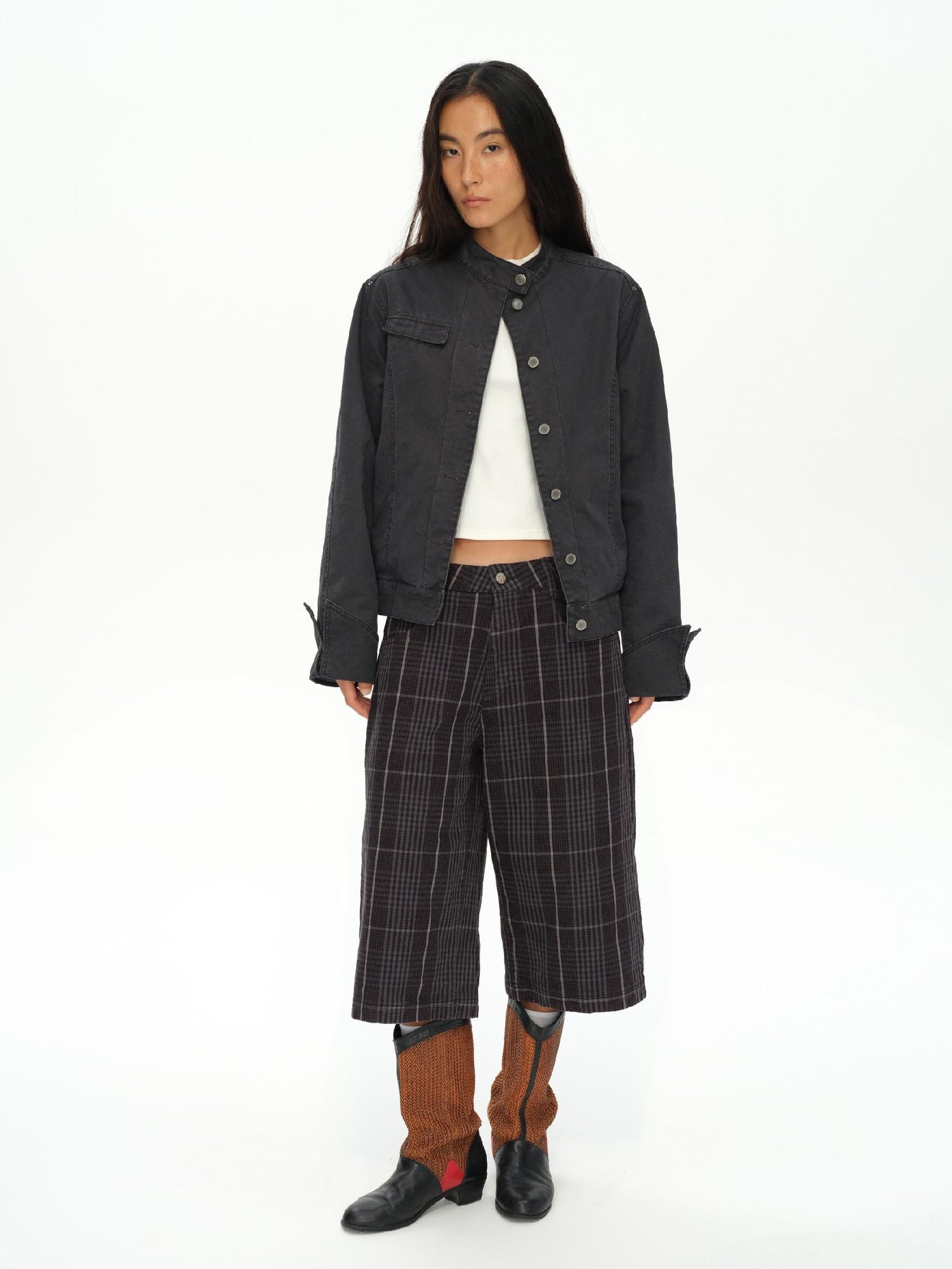 oinimi Vintage Grey Distressed Nail Stud Biker Jacket