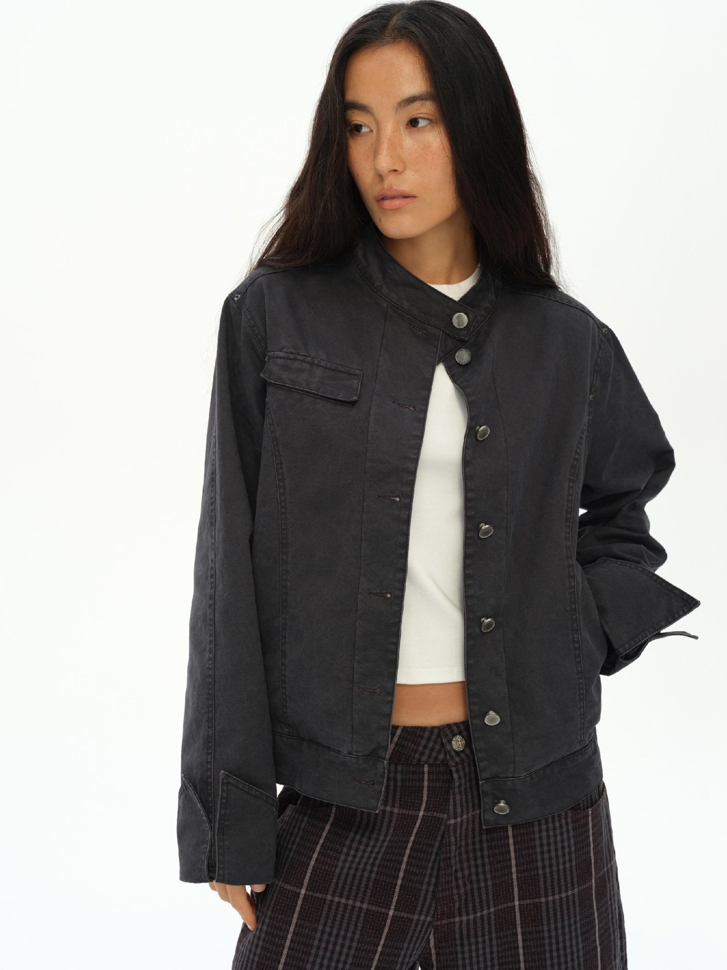 oinimi Vintage Grey Distressed Nail Stud Biker Jacket