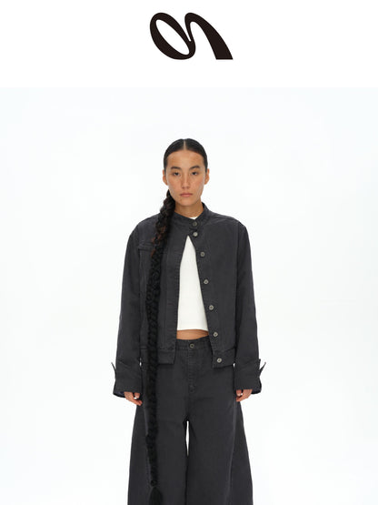 oinimi Vintage Grey Distressed Nail Stud Biker Jacket
