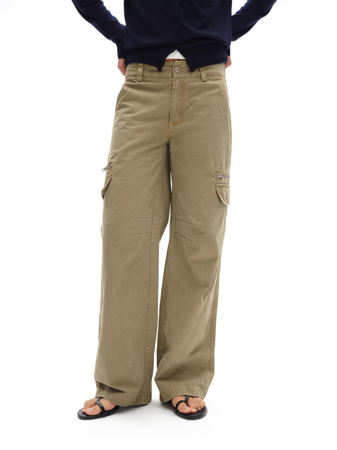 oinimi Vintage Khaki Multi Pocket Work Pants Low Rise Relaxed Fit Women Trousers