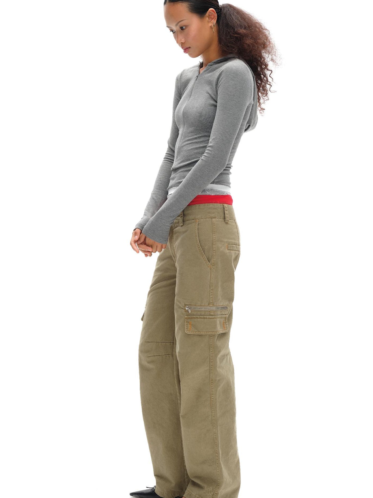 oinimi Vintage Khaki Multi Pocket Work Pants Low Rise Relaxed Fit Women Trousers