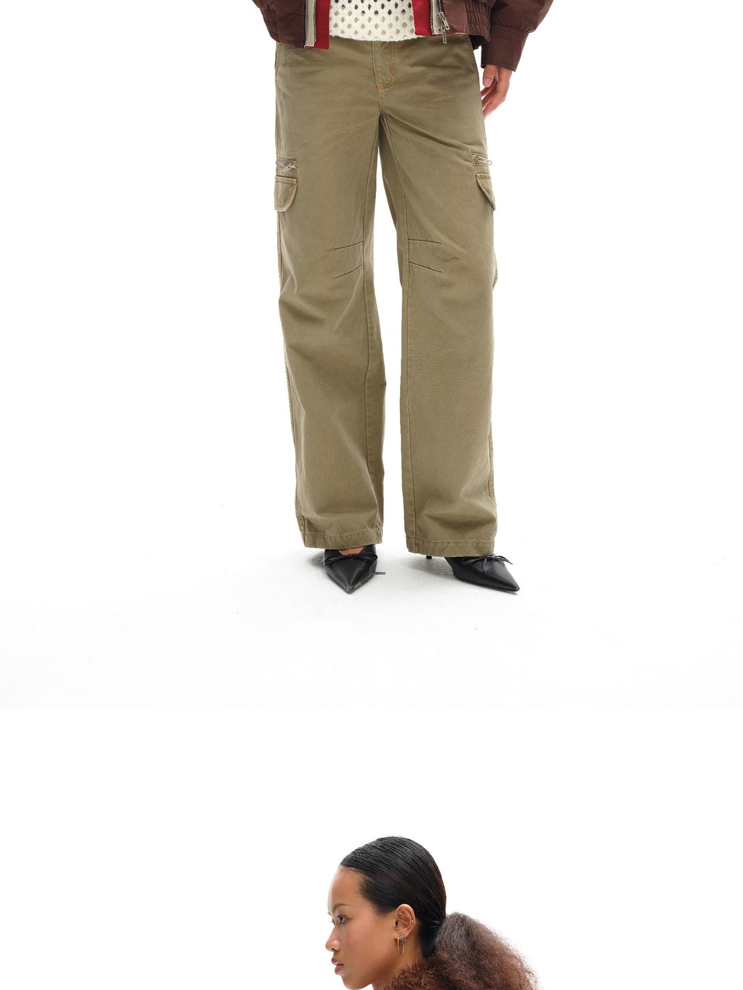 oinimi Vintage Khaki Multi Pocket Work Pants Low Rise Relaxed Fit Women Trousers