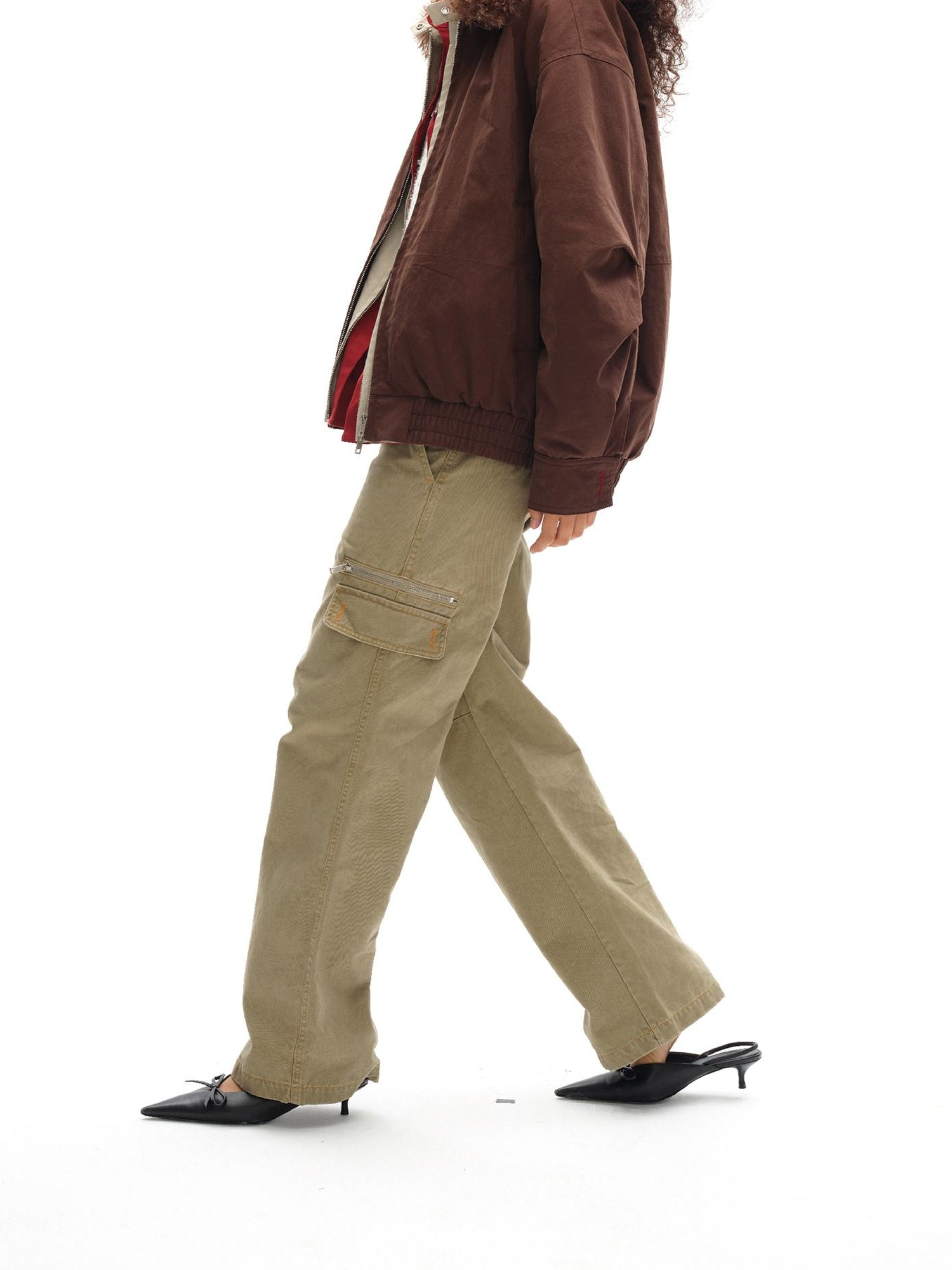 oinimi Vintage Khaki Multi Pocket Work Pants Low Rise Relaxed Fit Women Trousers
