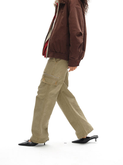oinimi Vintage Khaki Multi Pocket Work Pants Low Rise Relaxed Fit Women Trousers