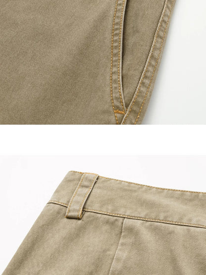 Vintage Khaki Multi Pocket Work Pants Low Rise Relaxed Fit Women Trousers