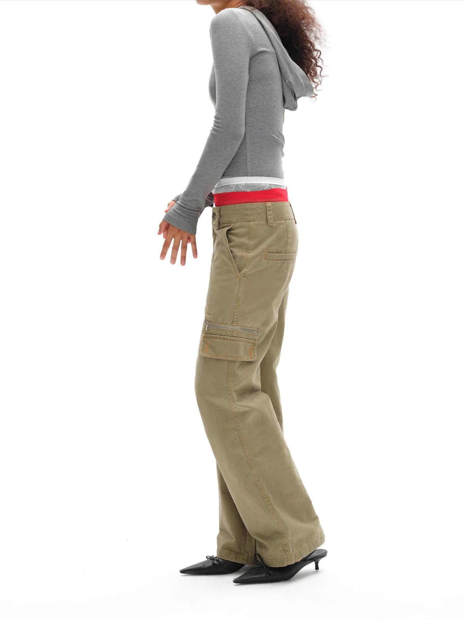 oinimi Vintage Khaki Multi Pocket Work Pants Low Rise Relaxed Fit Women Trousers