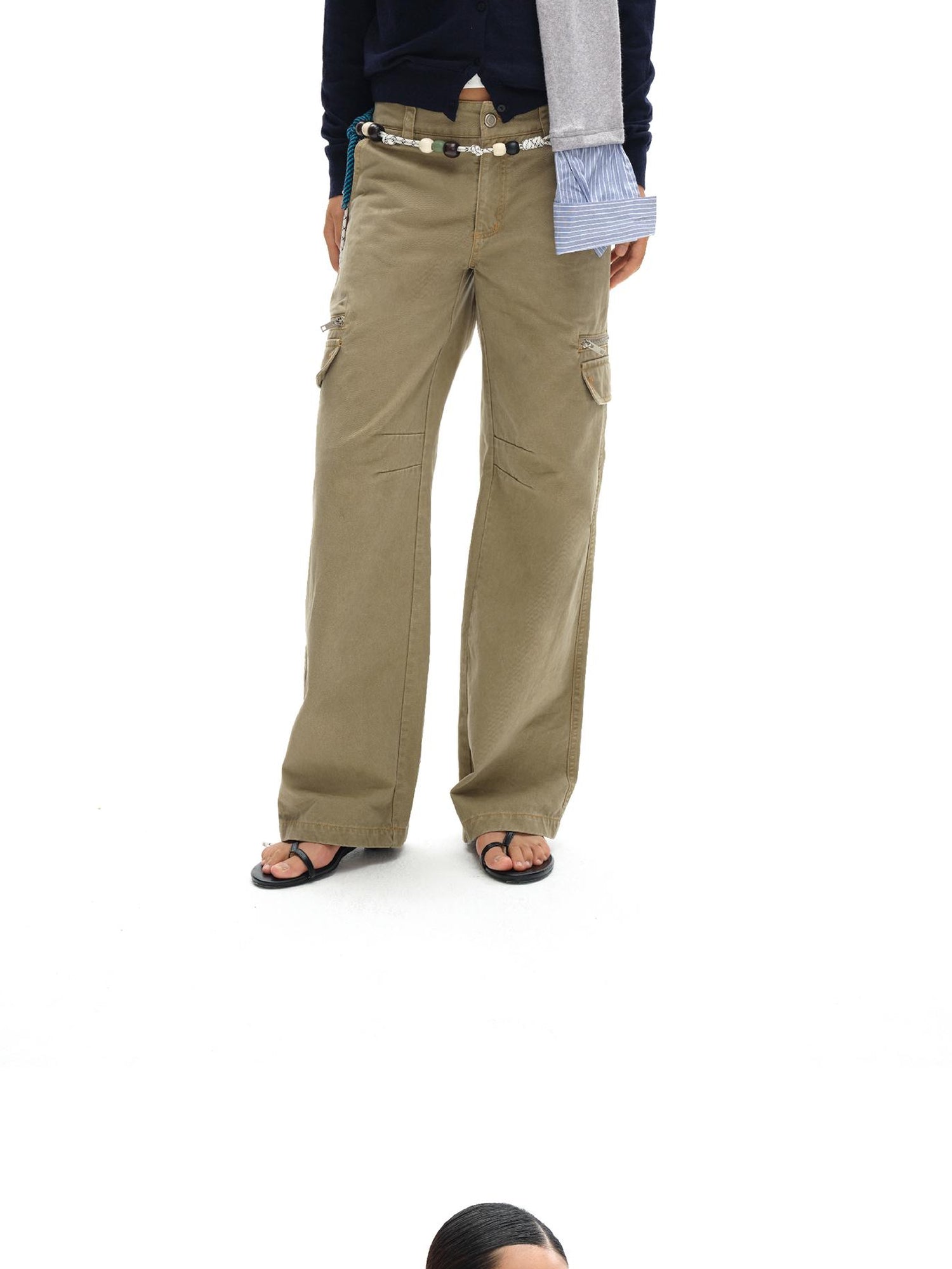 oinimi Vintage Khaki Multi Pocket Work Pants Low Rise Relaxed Fit Women Trousers