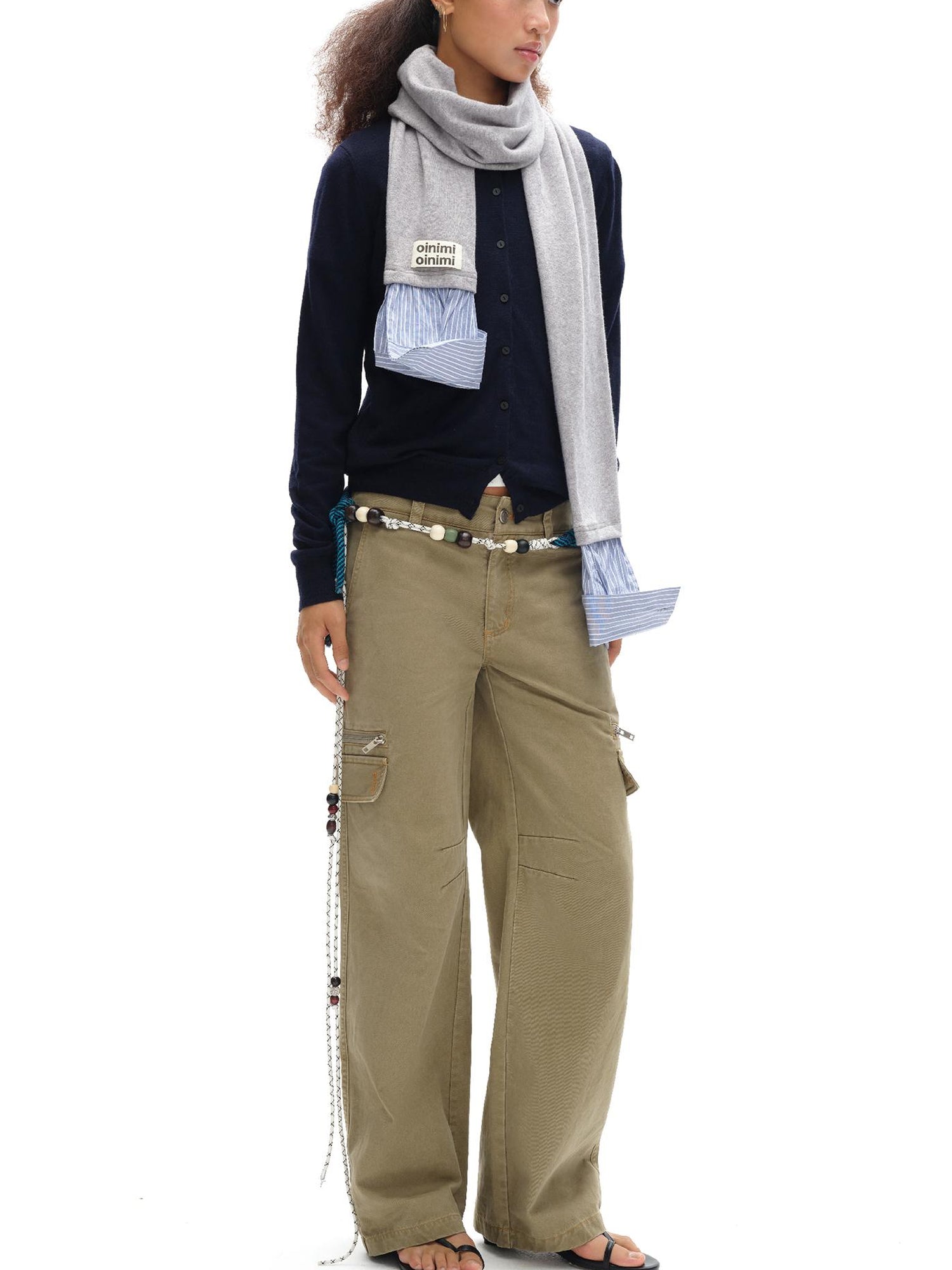oinimi Vintage Khaki Multi Pocket Work Pants Low Rise Relaxed Fit Women Trousers