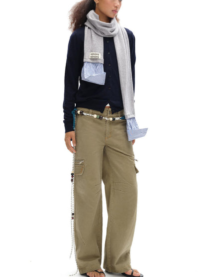oinimi Vintage Khaki Multi Pocket Work Pants Low Rise Relaxed Fit Women Trousers