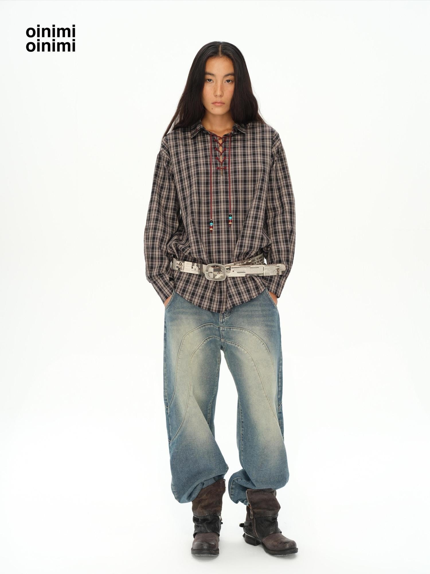 oinimi Vintage Knight Lace Up Embroidered Plaid Women&