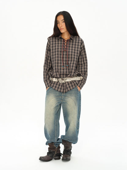 oinimi Vintage Knight Lace Up Embroidered Plaid Women&