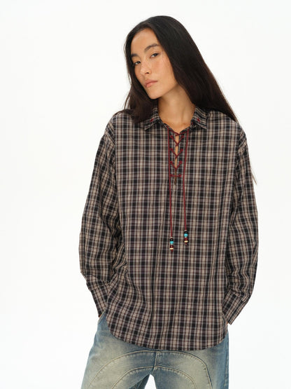 oinimi Vintage Knight Lace Up Embroidered Plaid Women&