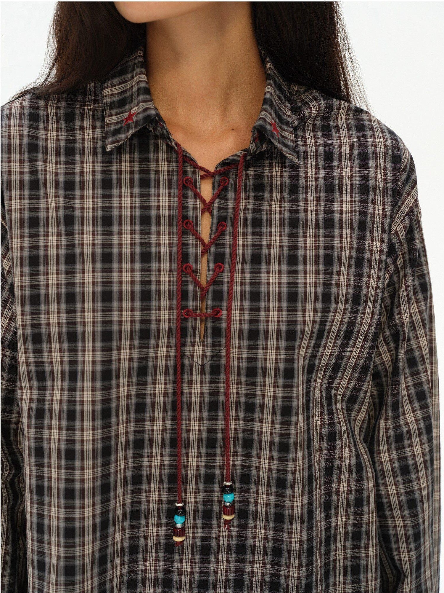 oinimi Vintage Knight Lace Up Embroidered Plaid Women&