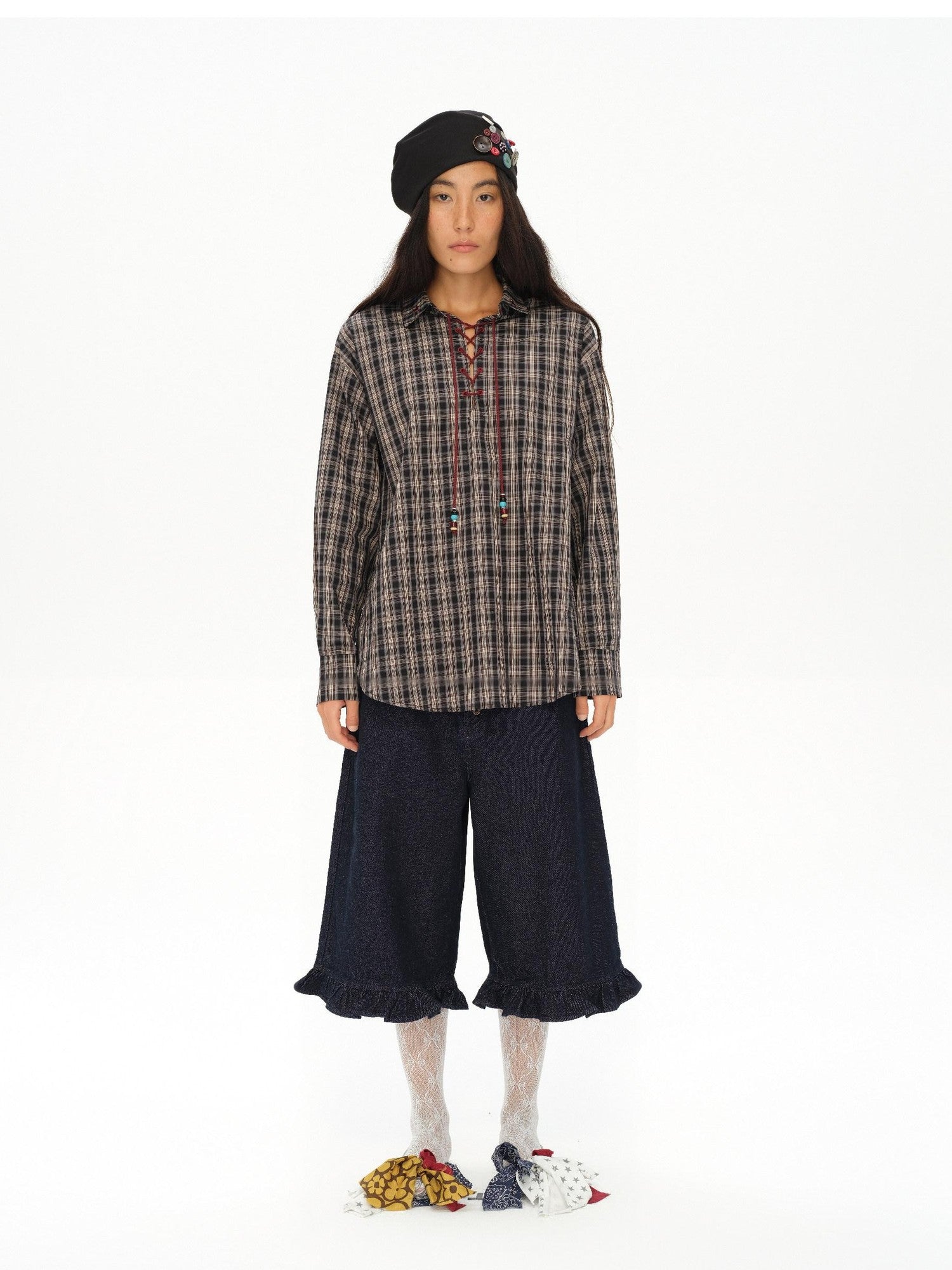 oinimi Vintage Knight Lace Up Embroidered Plaid Women&