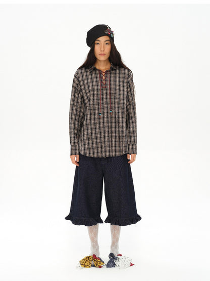 oinimi Vintage Knight Lace Up Embroidered Plaid Women&