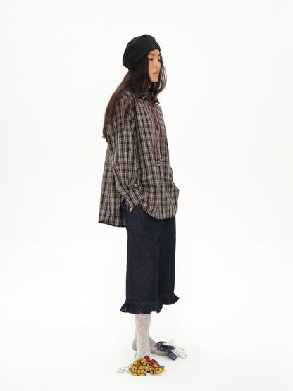 oinimi Vintage Knight Lace Up Embroidered Plaid Women&