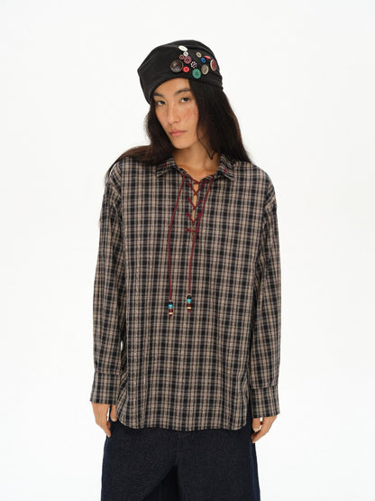 oinimi Vintage Knight Lace Up Embroidered Plaid Women&