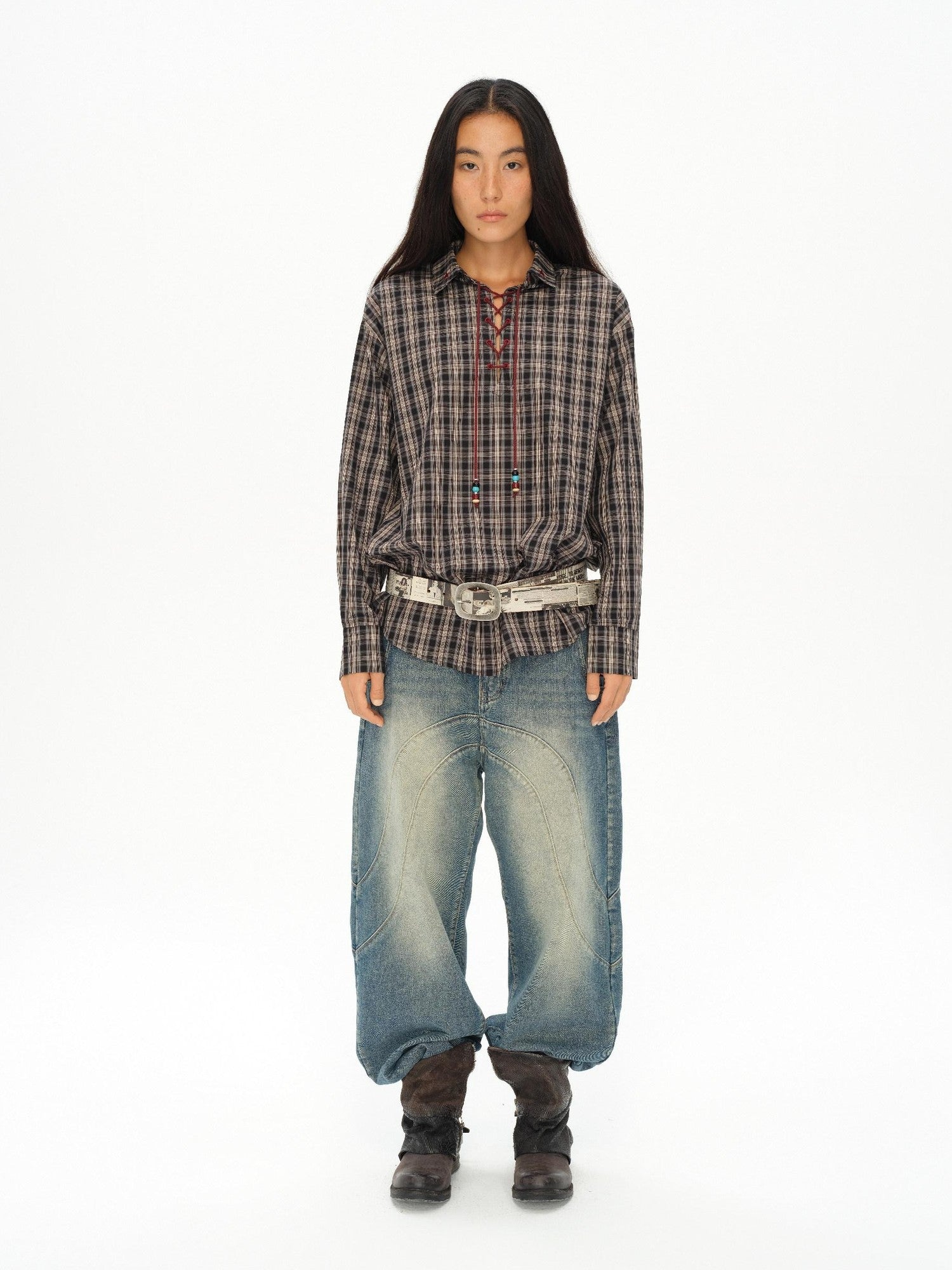 oinimi Vintage Knight Lace Up Embroidered Plaid Women&