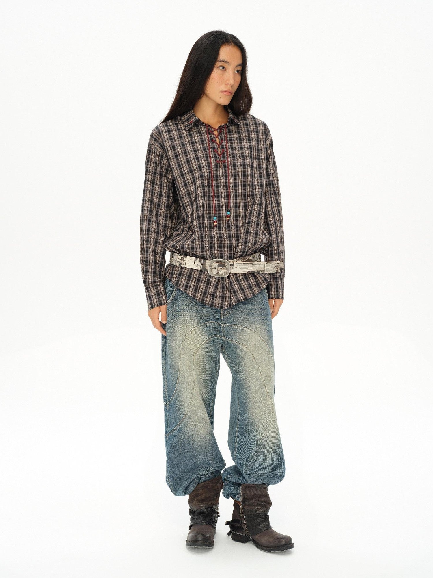 oinimi Vintage Knight Lace Up Embroidered Plaid Women&