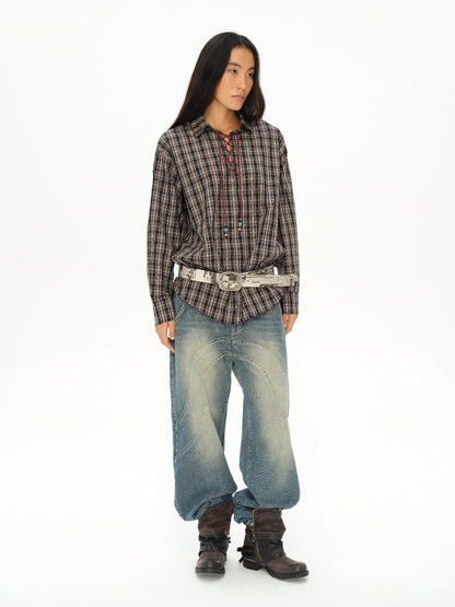 oinimi Vintage Knight Lace Up Embroidered Plaid Women&