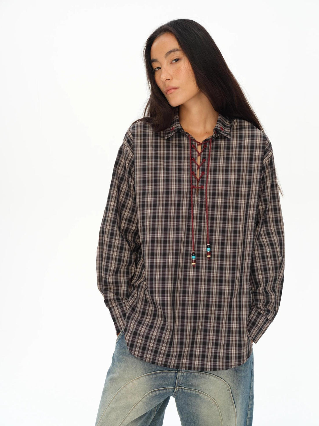 oinimi Vintage Knight Tartan Embroidered Shirt Loose Fit Plaid Top
