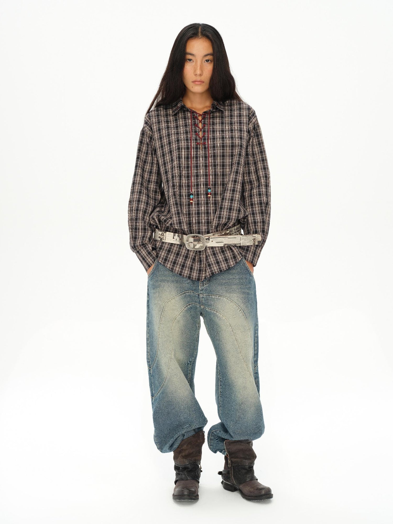oinimi Vintage Knight Tartan Embroidered Shirt Loose Fit Plaid Top
