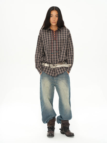 oinimi Vintage Knight Tartan Embroidered Shirt Loose Fit Plaid Top