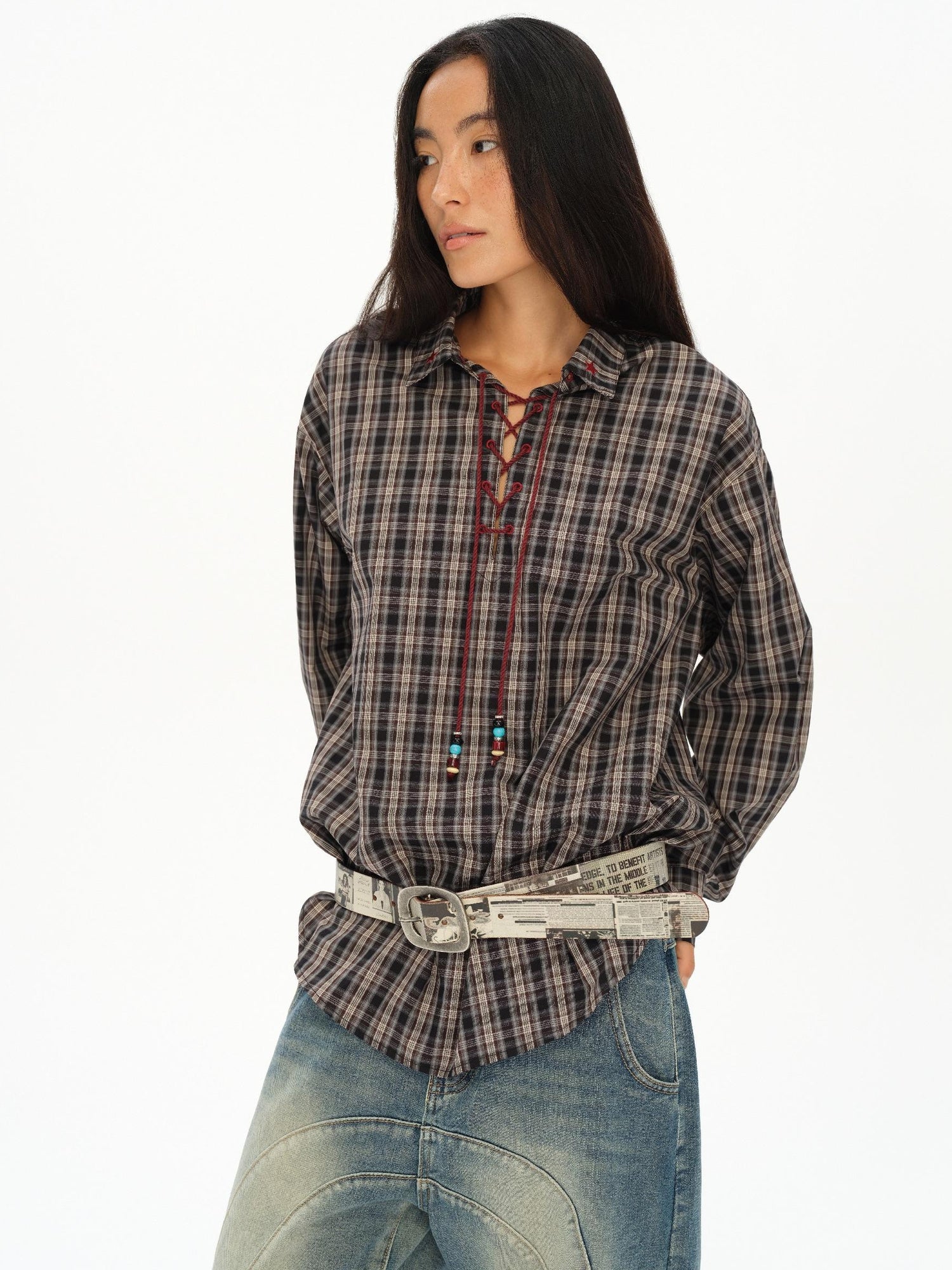 oinimi Vintage Knight Tartan Embroidered Shirt Loose Fit Plaid Top