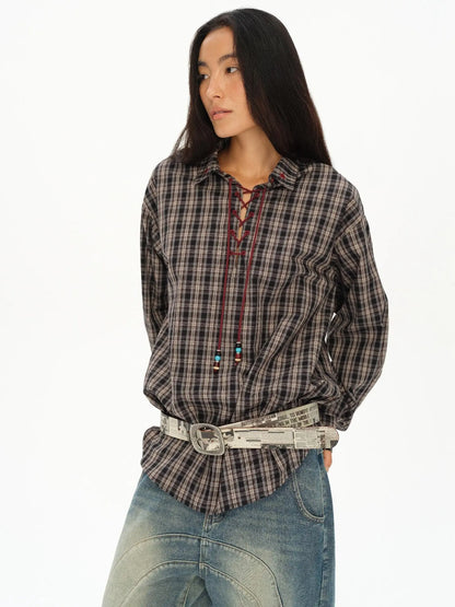 Vintage Knight Tartan Embroidered Shirt Loose Fit Plaid Top