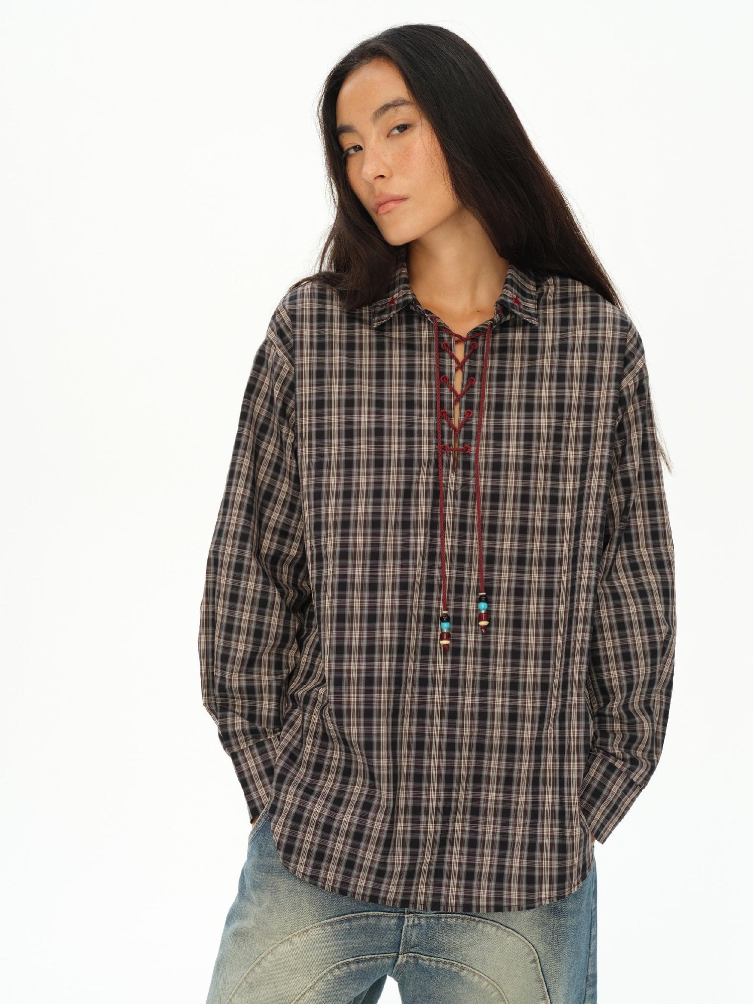 oinimi Vintage Knight Tartan Embroidered Shirt Loose Fit Plaid Top