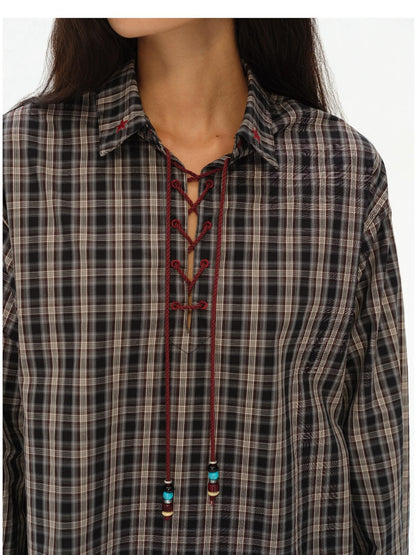 oinimi Vintage Knight Tartan Embroidered Shirt Loose Fit Plaid Top