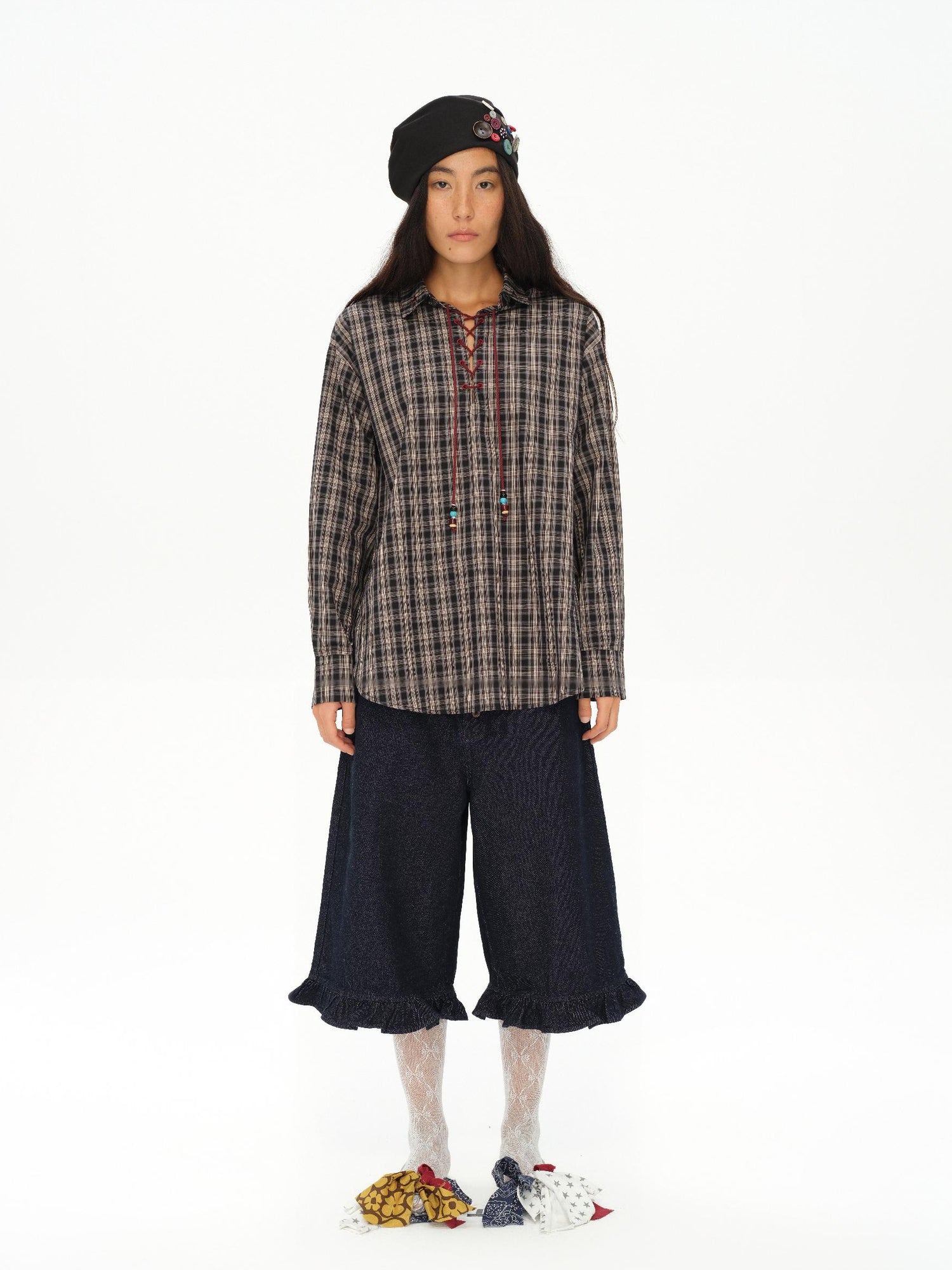 oinimi Vintage Knight Tartan Embroidered Shirt Loose Fit Plaid Top