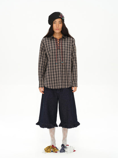 oinimi Vintage Knight Tartan Embroidered Shirt Loose Fit Plaid Top
